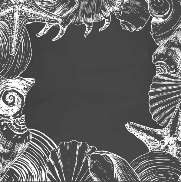 Kreatív Keret Vázlatos Tengeri Kagylókból Kövekből Szürke Háttérrel — Stock Fotó