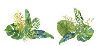 Tropikal yeşil ve altın yaprakları buket, suluboya illüstrasyon