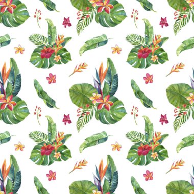 Tropikal suluboya dikişsiz desen, elle çizilmiş elemanları. Kumaş, kağıt, ambalaj, davetiyeler, düğünler ve daha fazlası için.