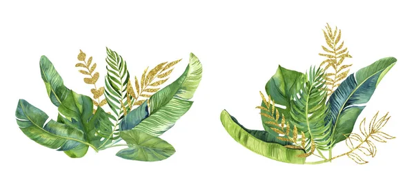 Bukett Tropiska Gröna Och Guld Blad Akvarell Illustration — Stockfoto