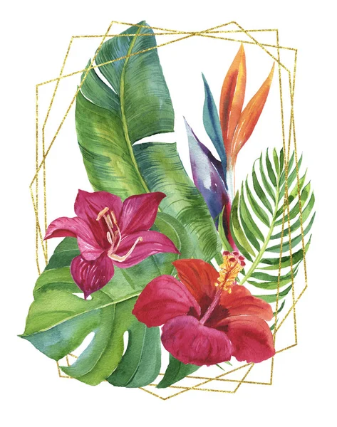 Tropisk akvarell illustration med löv och blommor. Geometrisk ram för inbjudan, bröllop, födelsedag, baby shower, spara datum och andra. — Stockfoto