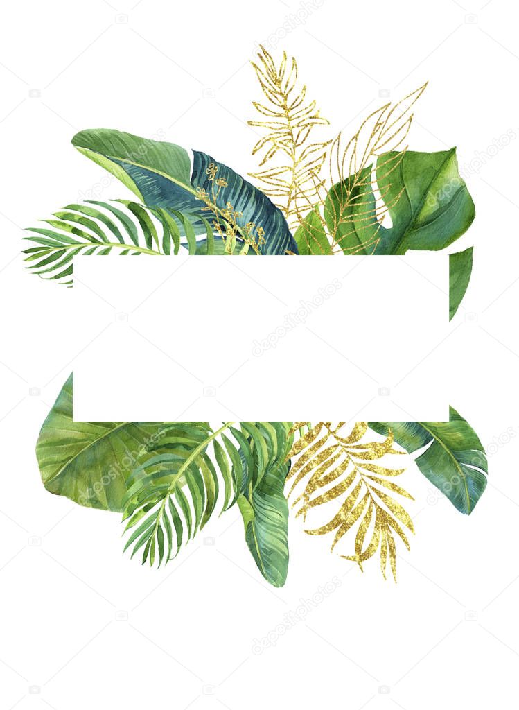 Tropical watercolor illustration with leaves with geometric frame 