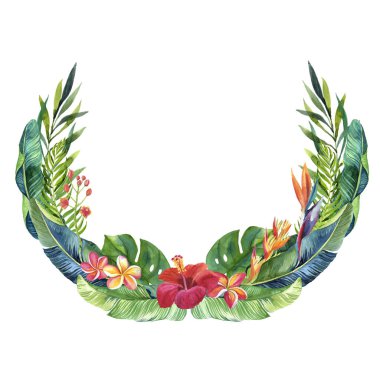 Tropikal çiçekler ve yaprakları ile yuvarlak çelenk. Parlak tropik! Düğün davetiyeleri, kartlar için, tarih, afiş, doğum günü ve diğer kaydetmek