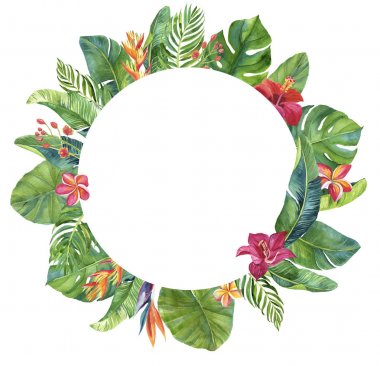 Tropikal çiçekler ve yaprakları ile Çerçeve. Parlak tropik! Düğün davetiyeleri, kartlar için, tarih, afiş, doğum günü ve diğer kaydetmek
