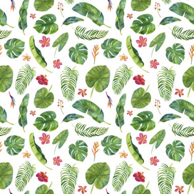 Tropikal suluboya dikişsiz desen, elle çizilmiş elemanları. Kumaş, kağıt, ambalaj, davetiyeler, düğünler ve daha fazlası için.