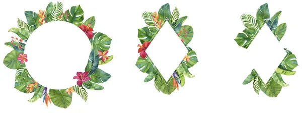 Cadre avec fleurs et feuilles tropicales. Des tropiques brillants ! Pour les invitations de mariage, cartes, enregistrer la date, bannières, anniversaires et autres — Photo