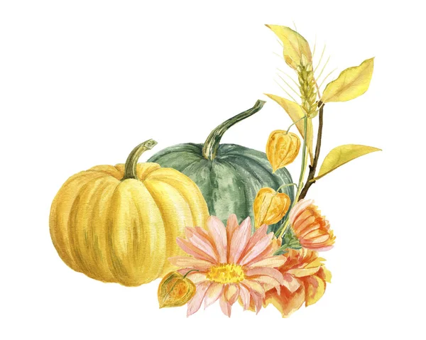 Aquarell Handgezeichnete Fallende Blätter Und Blumen Mit Kürbissen Herbstfest Und — Stockfoto