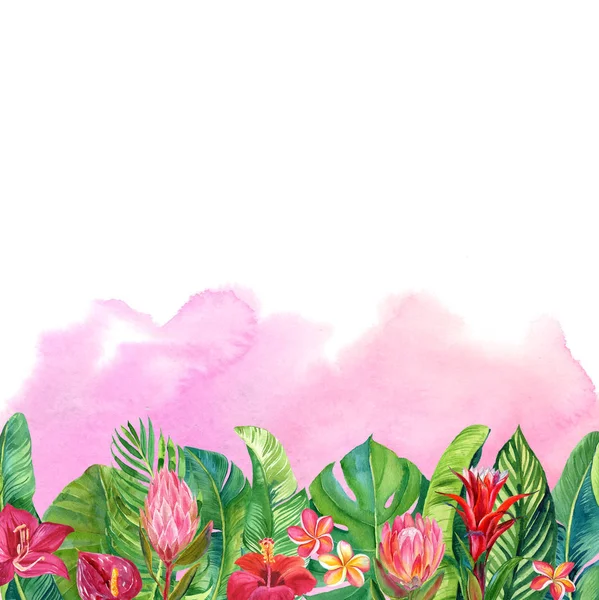 Kort Med Illustration Tropiska Blommor Och Löv Lila Suddig Akvarell — Stockfoto