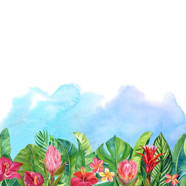 Tarjeta Con Ilustración Flores Tropicales Hojas Sobre Fondo Azul Borroso —  Fotos de Stock