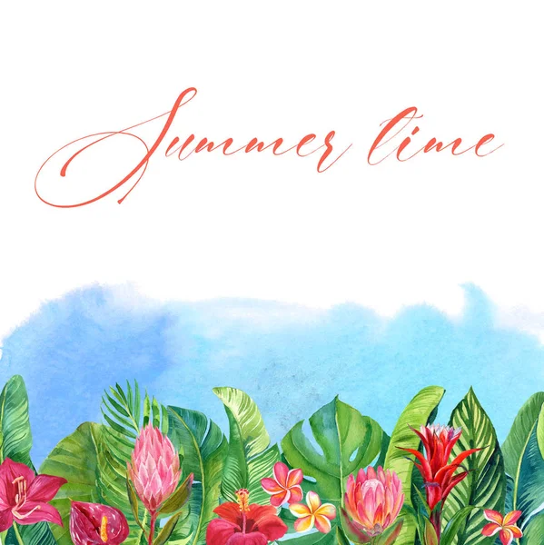 Cartão Com Ilustração Flores Tropicais Folhas Fundo Aquarela Turva Azul — Fotografia de Stock