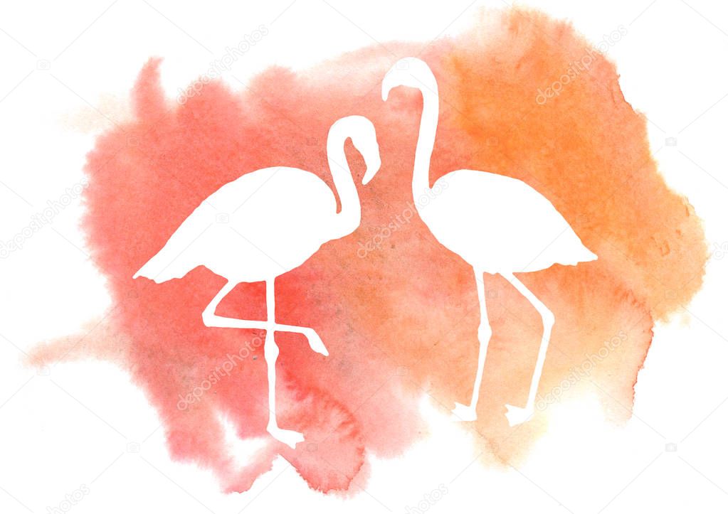 card with silhouettes of elegant pink flamingos on blurred watercolor background