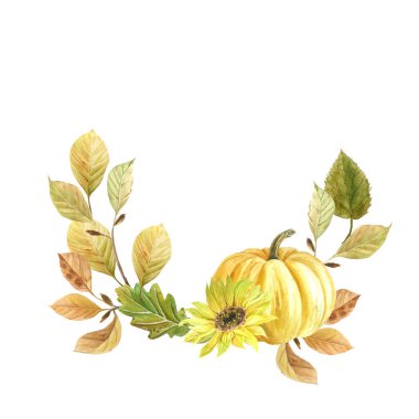 Suluboya el balkabağı, sonbahar festivali ve mutlu Şükran günü kavramı ile düşmüş yaprakları ve ayçiçeği çizilmiş  