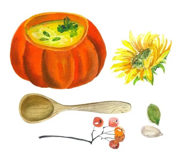 Zuppa Crema Calda Disegnata Mano Acquerello Zucca Con Girasole Cucchiaio — Foto Stock