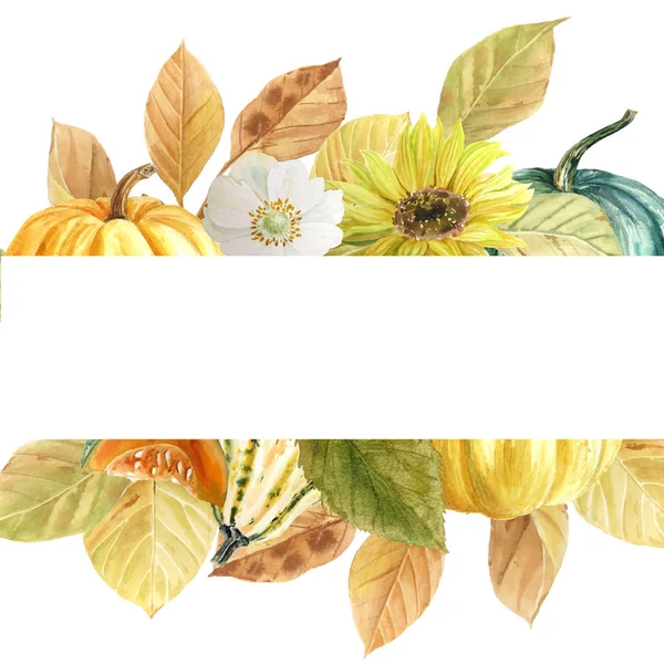 Баннер Акварелью Руки Нарисовал Опавшие Листья Цветы Тыквами Осенний Фестиваль — стоковое фото