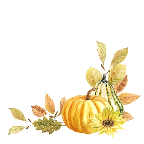 Акварель Руки Нарисовал Опавшие Листья Подсолнух Тыквами Осенний Фестиваль Счастливый — стоковое фото