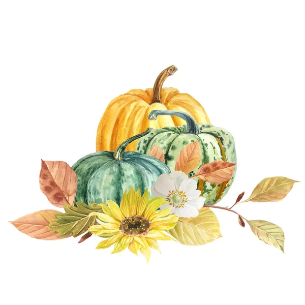 Aquarell Handgezeichnete Fallende Blätter Und Blumen Mit Kürbissen Herbstfest Und — Stockfoto