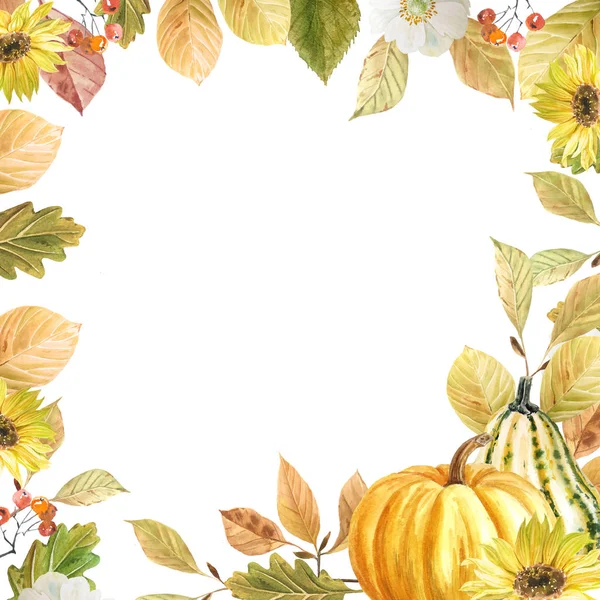 Watercolor hand drawn autumn frame with fallen leaves and pumpkins with sunflowers, autumn festival and happy Thanksgiving day concept