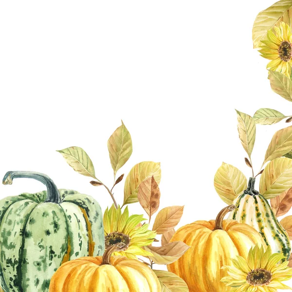 Akwarela Ręcznie Rysowane Jesienna Karta Okolicznościowa Upadłych Liści Dyni Słoneczniki — Zdjęcie stockowe