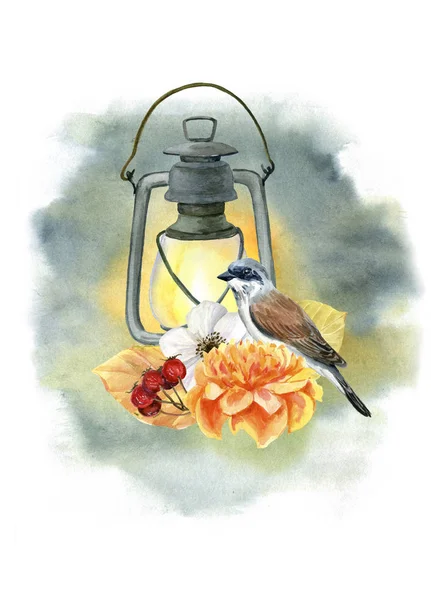 Lampada stradale, lampada a cherosene e disposizione floreale con fucile. Illustrazione d'autunno Foto Stock Royalty Free