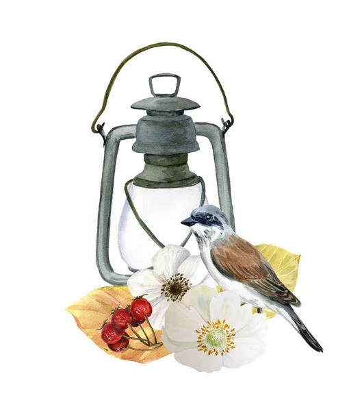 Lámpara de calle, lámpara de queroseno y arreglo floral con rifle. Ilustración de otoño Imagen de archivo