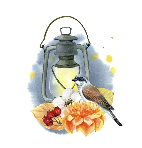 Lámpara de calle, lámpara de queroseno y arreglo floral con rifle. Ilustración de otoño Fotos de stock