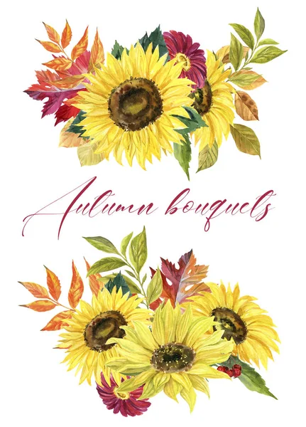 Akwarela Ręcznie Rysowane Bukiety Dekoracyjne Akwarela Jesiennych Kwiatów Upadłych Liści — Zdjęcie stockowe