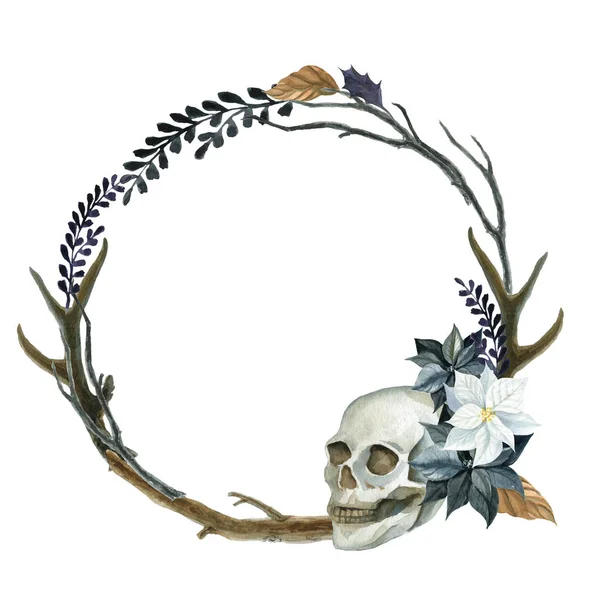 Corona para Halloween aislada sobre un fondo blanco. Ilustración en acuarela con cráneo y flores. Adecuado para tarjetas, invitaciones, vacaciones, etc. . — Foto de Stock