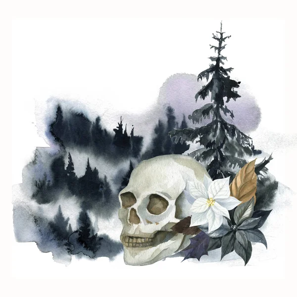 Kafatası, orman ve sis ile suluboya mistik desen.