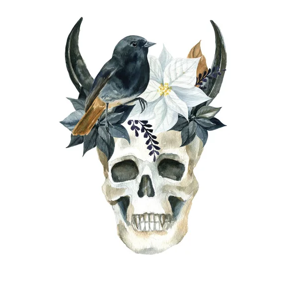 Kafatası ve çiçeklerle suluboya çizimi. Kasvetli illüstrasyon. Kart, davetiye, cadılar bayramı, tatil vesaire için uygun.