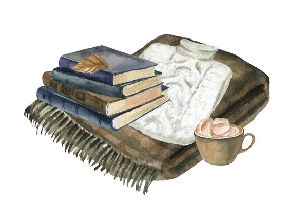 Isolated watercolor illustration with books, sweater and a cup of coffee. Suitable for cards, invitations, holidays, etc.