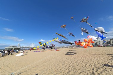 Bir açık ve güneşli mavi gökyüzünün Lahey, Schenveningen, Türkiye üzerinde uçan uçurtma görünümünü