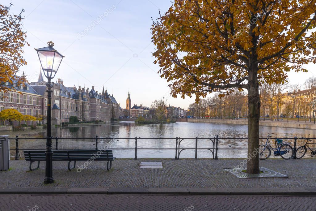 Empty bench beside a autumnal color tree facing the Hofvijver, Binnenhof, Dutch parliament reflected on the pond in a freezing autumn season, Netherlands