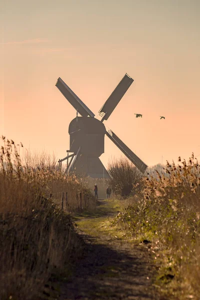 Twight Light Sunrise Unesco Heritage Windmill Silhouette Middle Canal Alblasserdam — Photo