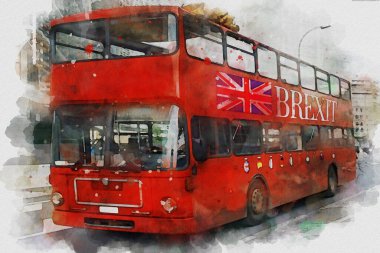 Brüksel, Belçika 'daki Avrupa Komisyonu binasının önünden geçen kırmızı bir Brexit çift katlı otobüsün konsept resminin bilgisayarlı çizimi