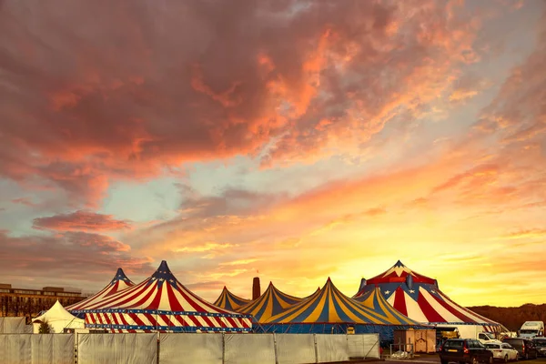 Red White Circus Tents Topped Bleu Starred Cover Sunny Blue — Stock Photo, Image