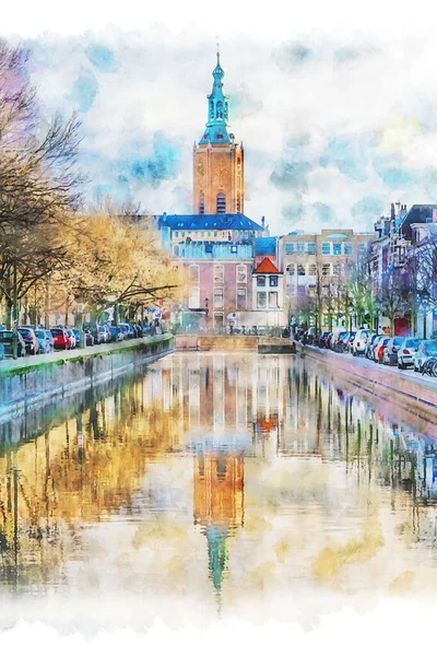 Computerized Illustration Watercolor Painting Saint James Church Reflected Canal Calm — Stock Photo, Image