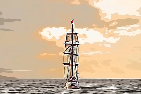 Μηχανογραφημένη Απεικόνιση Του Αρχαίου Ψηλού Πλοίου Που Φεύγει Από Λιμάνι — Φωτογραφία Αρχείου