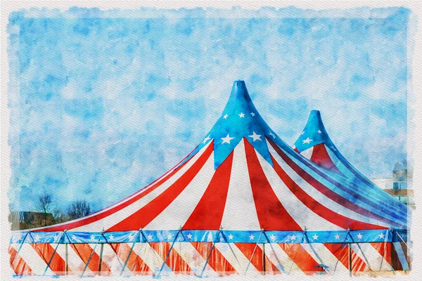 水彩画のコンピュータ化されたイラスト赤と白のサーカステントの上に青の星のカバー雲と晴れた青空に対して — ストック写真