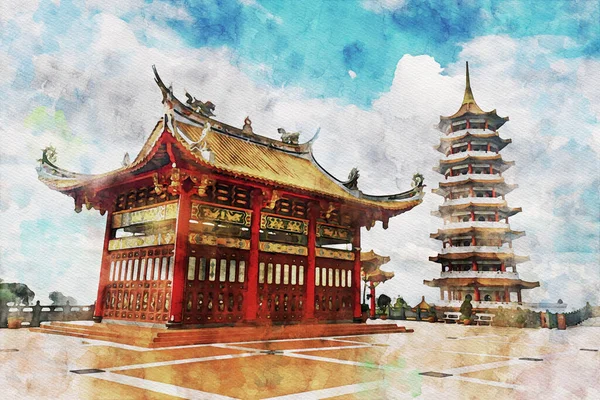 Bulutlu bir gökyüzünün altındaki yüksek dağ tepesinde, Cameron Highland, Malezya 'daki kırmızı bir Çin pagodasının ya da tapınağının bilgisayarlı çizimi