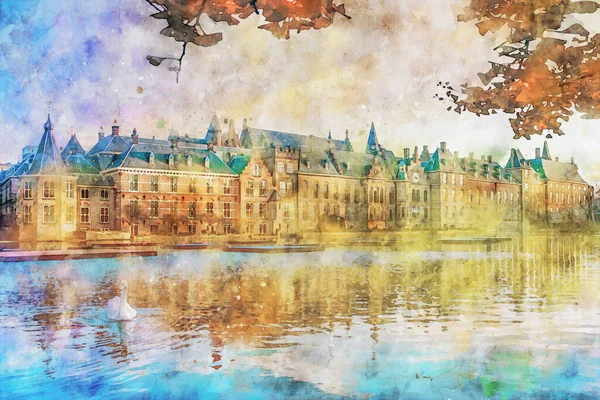 Computerized Illustration Sunset Binnenhof Building Hague City Reflected Pond Swan — Stock Photo, Image