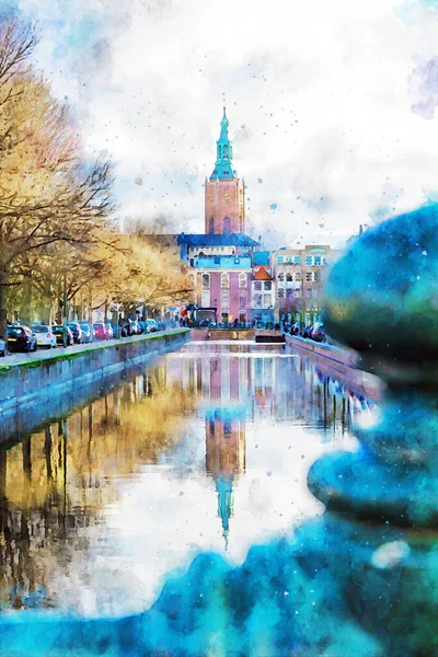 Ilustração Computadorizada Igreja São Tiago Refletida Canal Água Calma Aninhada — Fotografia de Stock