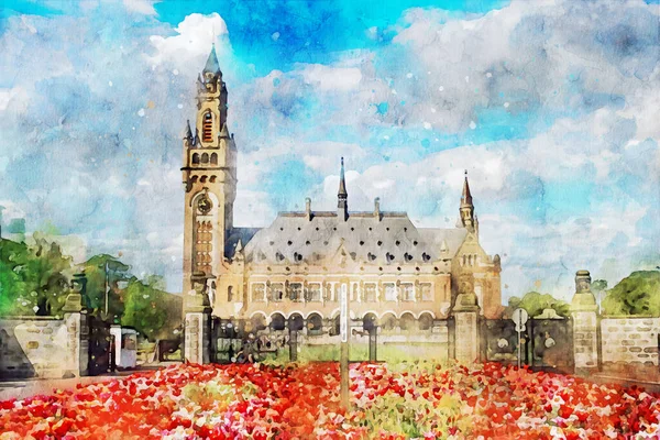 Computerized illustration of the Peace Palace, Seat of the International Court of Justice at The Hague and principal judicial organ of United Nations, Netherlands