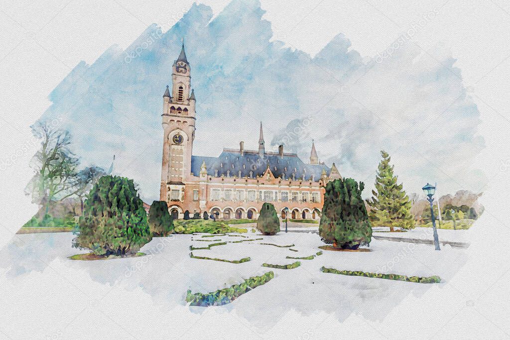 Computer filtered picture imitating watercolor painting of the Peace Palace, Seat of the International Court of Justice in The Hague, Netherlands