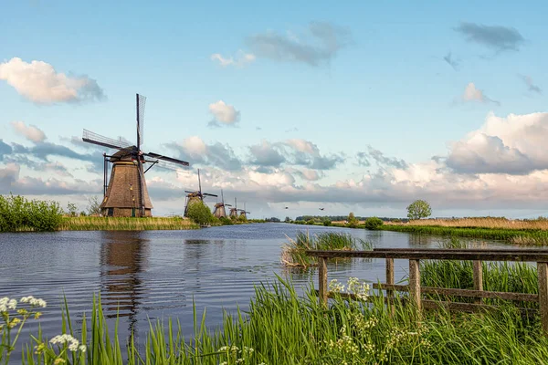 Allineamento Della Riflessione Canale Turbolento Paesaggio Olandese Mulini Vento Nella — Foto Stock