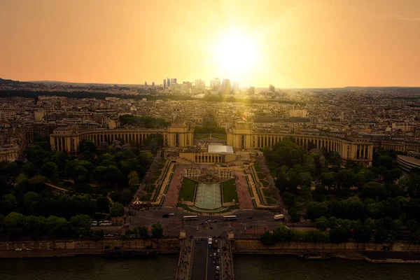 Widok Zachód Słońca Wieży Eiffla Paryżu Champs Mars Trocadero Panorama — Zdjęcie stockowe