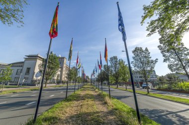 Alignement of national flags at the middle of a large avenue symbolizing the international city aspect of The Hague, Netherlands