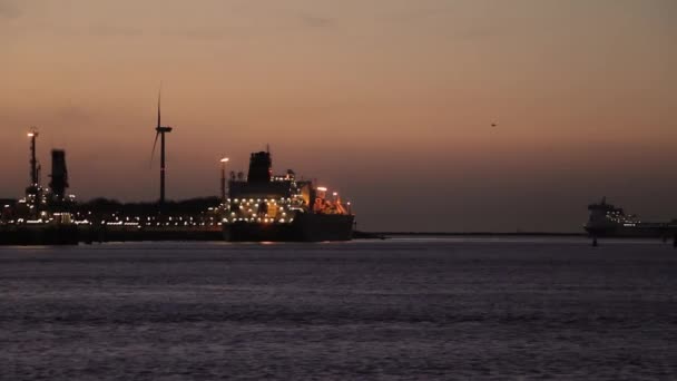 Cargo Ship Loading Containers International Freight Harbor Sunset Stratocumulus Clouds — Stock Video