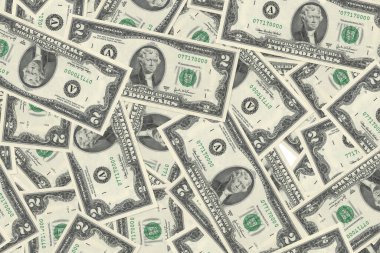 İki dolarlık sahte banknotlardan oluşan bir yatak yere atılmış ve üst üste yığılmış..