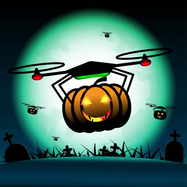 ハロウィーンのベクトル パンプキン ハロウィン無人偵察機が飛ぶ 真夜中の背景を墓の上の満月 — ストックベクタ