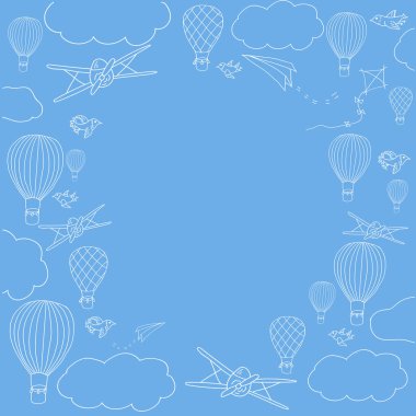 Sıcak hava baloons metninizi vektör çerçeve için yer ile gökyüzünde uçan vektör afiş. Beyaz kontur mavi backgroung üzerine. Kartları, reklamlar, davetiyeler ve diğer tasarımlar için vektör şablon